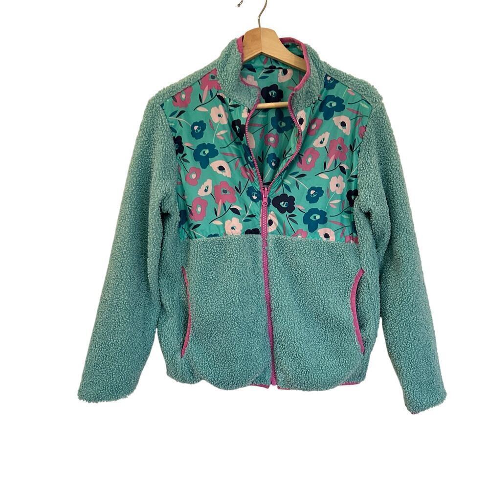 Lands' End Girls Reversible Floral Puffer Sherpa Fleece Jacket XL 14